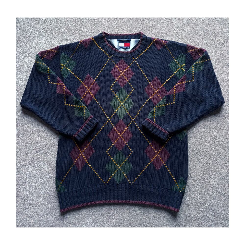 Vintage 90’s Tommy Hilfiger Sweater Mens M Navy Green Argyle Heavy Crewneck